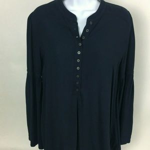 Free People Navy Mandarin Collar Top Flare Sleeve